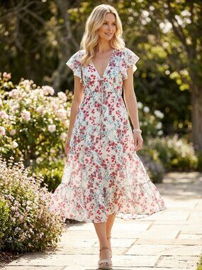 Rachel Paige Red Floral Printed Flutter Sleeve Tiered Midi Dress XS